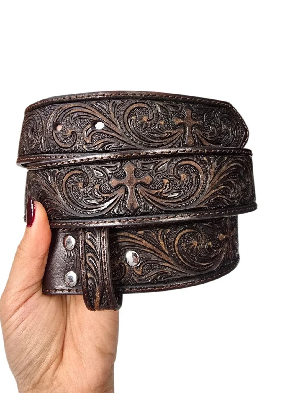 Nocona Tooled Dark Brown Leather Belt with Cross Motif